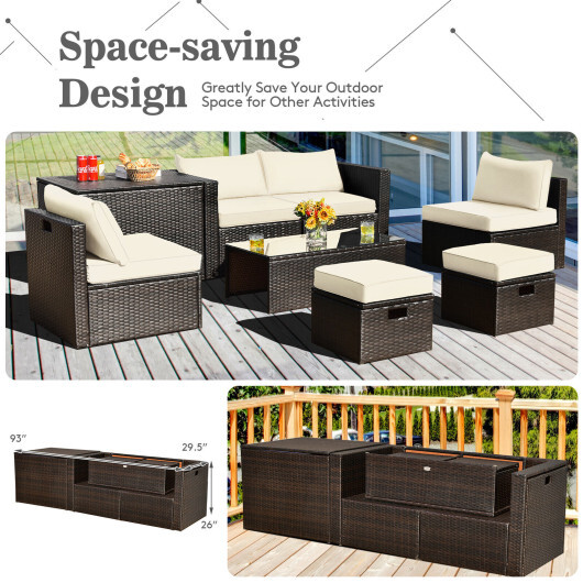 8 Pieces Patio Space-Saving Rattan Furniture Set with Storage Box and Waterproof Cover-White - Color: White - Image 5