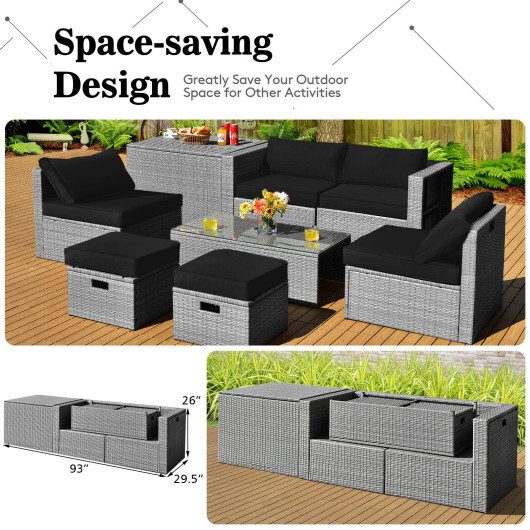 8 Pieces Patio Rattan Furniture Set with Storage Waterproof Cover and Cushion-Black - Color: Black - Image 3