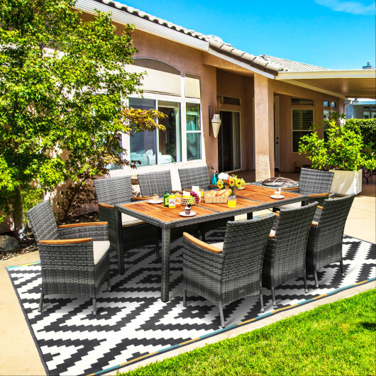 9 Pieces Rattan Patio Dining Set with Acacia Wood Table and Cushioned Chair - Color: Gray - Image 3
