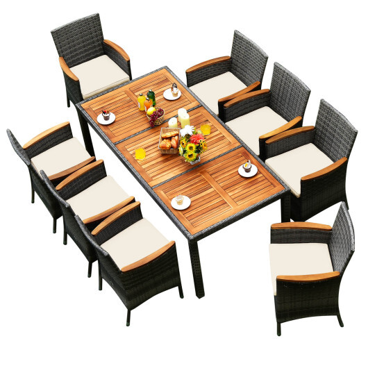 9 Pieces Rattan Patio Dining Set with Acacia Wood Table and Cushioned Chair - Color: Gray - Image 4