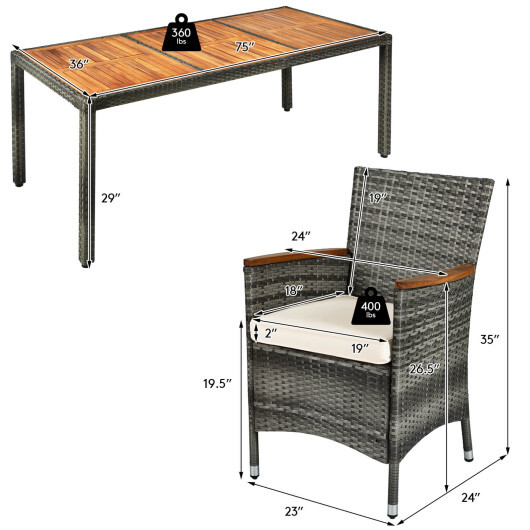 9 Pieces Rattan Patio Dining Set with Acacia Wood Table and Cushioned Chair - Color: Gray - Image 5