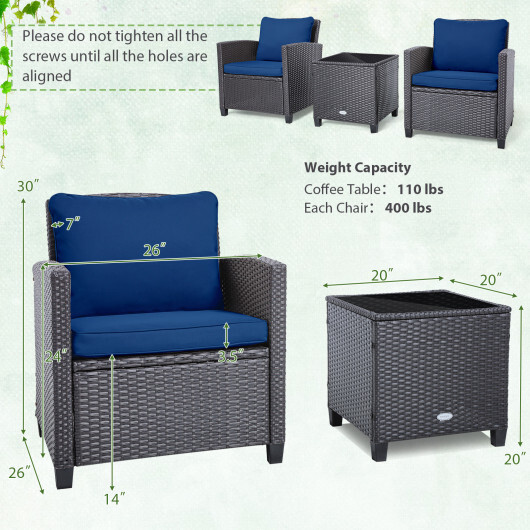 3 Pieces Rattan Patio Furniture Set with Washable Cushion-Beige & Turquoise - Color: Beige & Turquoise - Image 4