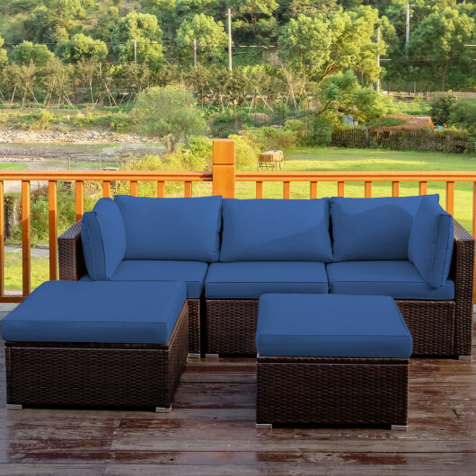 5 Pieces Patio Rattan Sofa Set with Cushion and Ottomans-Navy - Color: Navy - Image 2