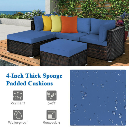 5 Pieces Patio Rattan Sofa Set with Cushion and Ottomans-Navy - Color: Navy - Image 3