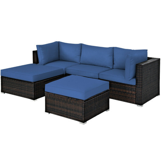 5 Pieces Patio Rattan Sofa Set with Cushion and Ottomans-Navy - Color: Navy - Image 4