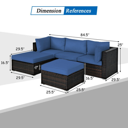 5 Pieces Patio Rattan Sofa Set with Cushion and Ottomans-Navy - Color: Navy - Image 5