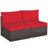 2 Pieces Patio Rattan Armless Sofa Set with 2 Cushions and 2 Pillows-Red - Color: Red