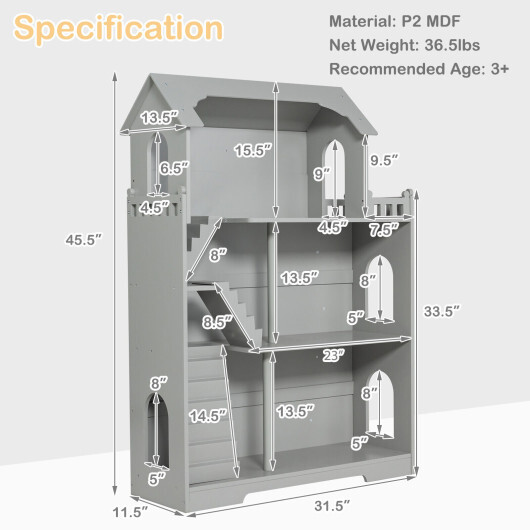 Kids Wooden Dollhouse Bookshelf with Anti-Tip Design and Storage Space-Gray - Color: Gray - Image 4