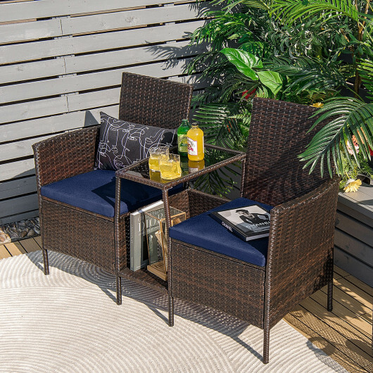 Patio Rattan Wicker Conversation Set Sofa Cushioned Loveseat Glass Table-Navy - Color: Navy - Image 2
