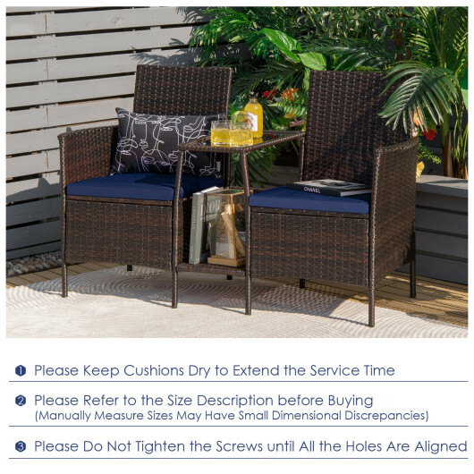 Patio Rattan Wicker Conversation Set Sofa Cushioned Loveseat Glass Table-Navy - Color: Navy - Image 3