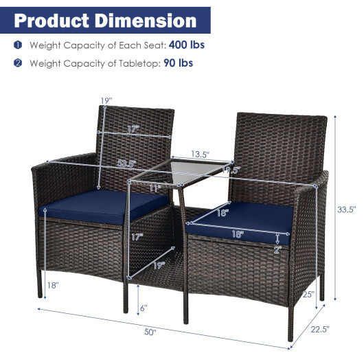 Patio Rattan Wicker Conversation Set Sofa Cushioned Loveseat Glass Table-Navy - Color: Navy - Image 4