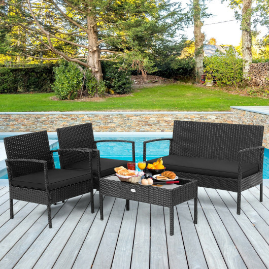 4 Pieces Patio Rattan Furniture Set with Cushion - Color: Black - Image 2
