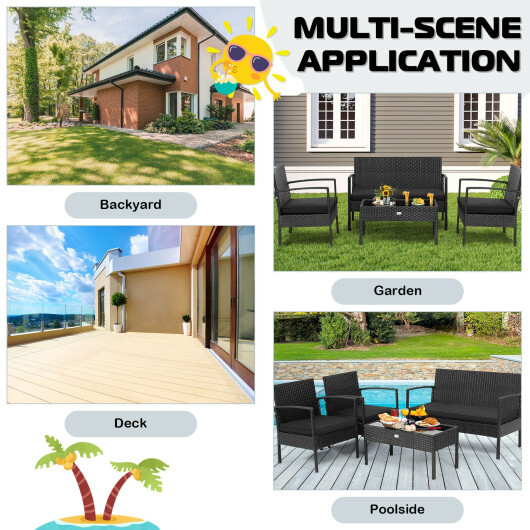 4 Pieces Patio Rattan Furniture Set with Cushion - Color: Black - Image 3