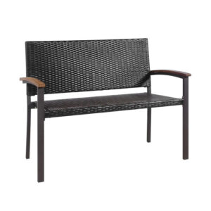 Outdoor Patio Rattan Wicker Bench with Armrest for Garden - Color: Black