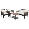 4 Pieces Patio Rattan Acacia Wood Furniture Set with Cushions and Armrest - Color: Espresso