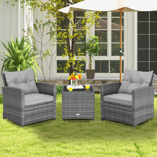 3 Pieces Outdoor Wicker Conversation Set with Tempered Glass Tabletop-Gray - Color: Gray - Image 2