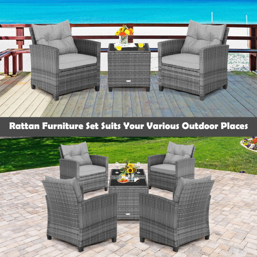 3 Pieces Outdoor Wicker Conversation Set with Tempered Glass Tabletop-Gray - Color: Gray - Image 3