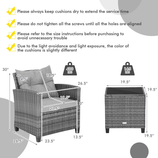 3 Pieces Outdoor Wicker Conversation Set with Tempered Glass Tabletop-Gray - Color: Gray - Image 4