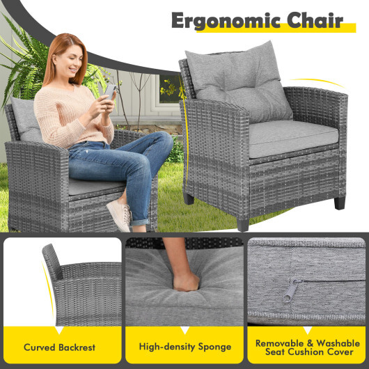 3 Pieces Outdoor Wicker Conversation Set with Tempered Glass Tabletop-Gray - Color: Gray - Image 5