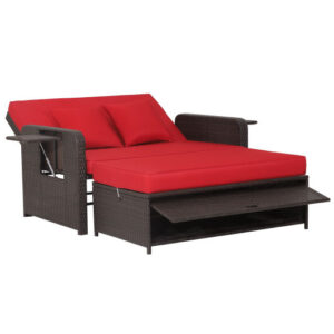 Patio Rattan Daybed with 4-Level Adjustable Backrest and Retractable Side Tray-Red - Color: Red