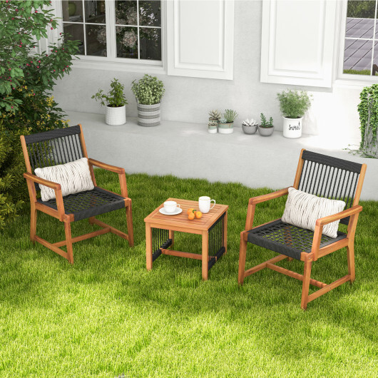 3 Pieces Acacia Wood Patio Furniture Set with Armchairs Coffee Table - Color: Multicolor - Image 2