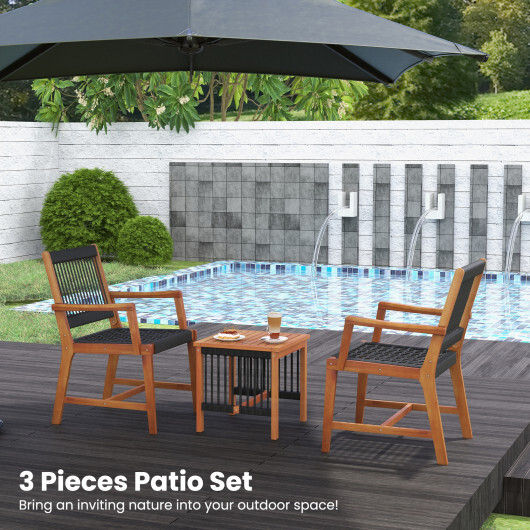 3 Pieces Acacia Wood Patio Furniture Set with Armchairs Coffee Table - Color: Multicolor - Image 3