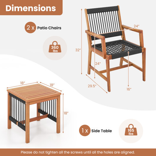 3 Pieces Acacia Wood Patio Furniture Set with Armchairs Coffee Table - Color: Multicolor - Image 4