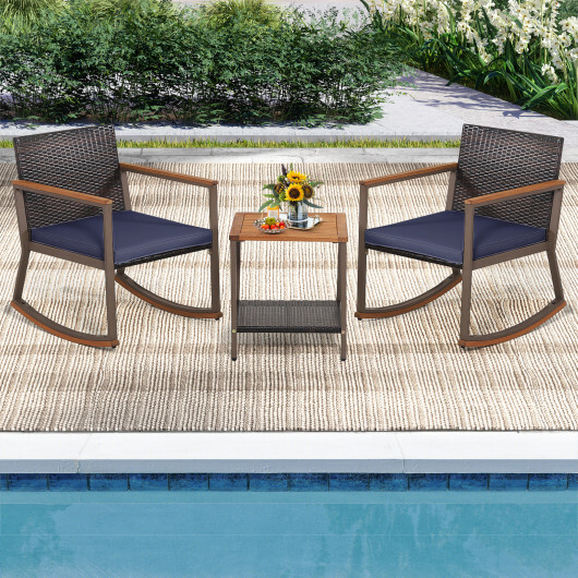 3 Pieces Rattan Rocking Bistro Set with Coffee Table and Cushions-Navy - Color: Navy - Image 2