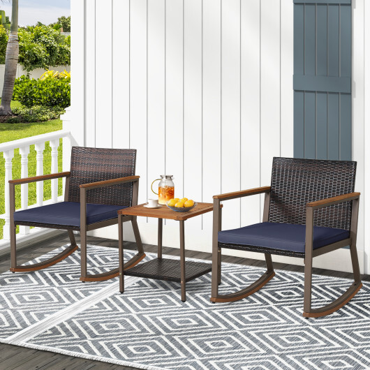 3 Pieces Rattan Rocking Bistro Set with Coffee Table and Cushions-Navy - Color: Navy - Image 3