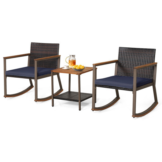 3 Pieces Rattan Rocking Bistro Set with Coffee Table and Cushions-Navy - Color: Navy - Image 4