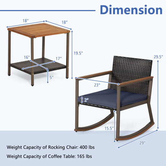 3 Pieces Rattan Rocking Bistro Set with Coffee Table and Cushions-Navy - Color: Navy - Image 5