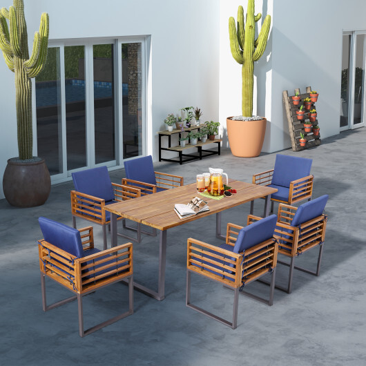 7 Pieces Patio Acacia Wood Dining Chair and Table Set for Backyard and Poolside-Navy - Color: Navy - Image 2
