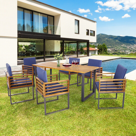 7 Pieces Patio Acacia Wood Dining Chair and Table Set for Backyard and Poolside-Navy - Color: Navy - Image 3