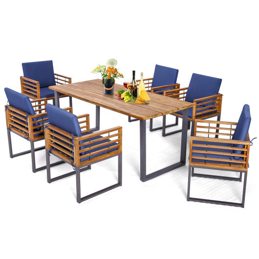 7 Pieces Patio Acacia Wood Dining Chair and Table Set for Backyard and Poolside-Navy - Color: Navy - Image 4