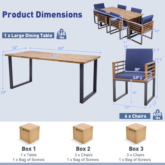 7 Pieces Patio Acacia Wood Dining Chair and Table Set for Backyard and Poolside-Navy - Color: Navy - Image 5