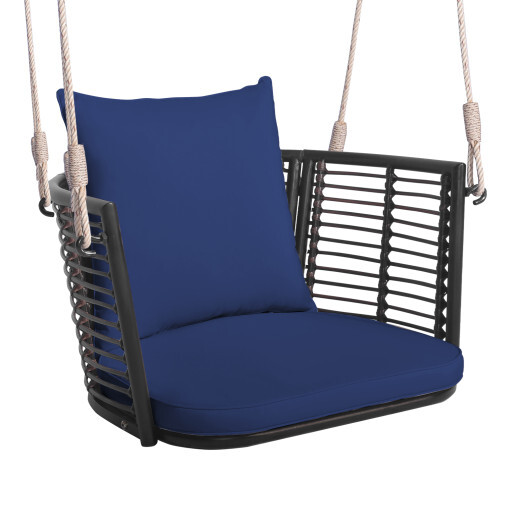 Single Person Hanging Seat with Woven Rattan Backrest for Backyard-Blue - Color: Blue