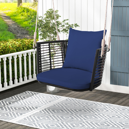 Single Person Hanging Seat with Woven Rattan Backrest for Backyard-Blue - Color: Blue - Image 2