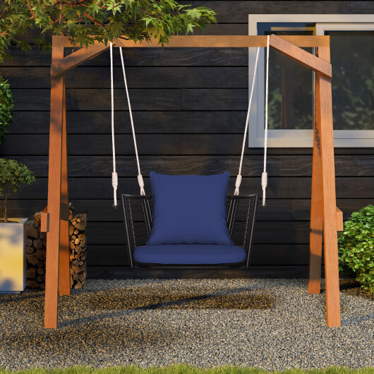 Single Person Hanging Seat with Woven Rattan Backrest for Backyard-Blue - Color: Blue - Image 3