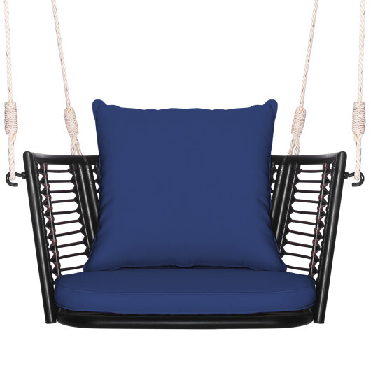 Single Person Hanging Seat with Woven Rattan Backrest for Backyard-Blue - Color: Blue - Image 4