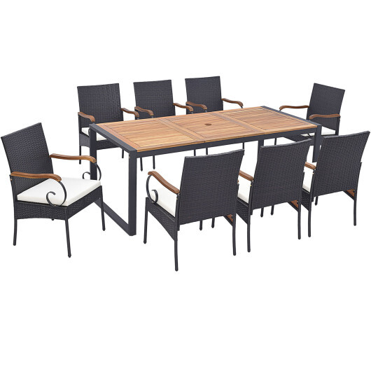 9 Pieces Patio Rattan Dining Set with Acacia Wood Table for Backyard Garden-Curved Handrail - Image 4