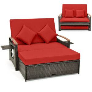 Outdoor Wicker Daybed with Folding Panels and Storage Ottoman-Red - Color: Red