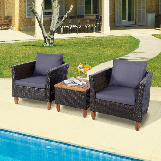 3 Pieces Patio Rattan Bistro Furniture Set with Wooden Table Top-Gray - Color: Gray - Image 2