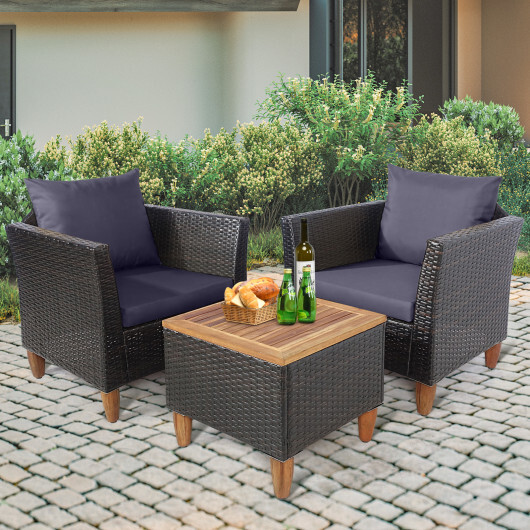 3 Pieces Patio Rattan Bistro Furniture Set with Wooden Table Top-Gray - Color: Gray - Image 3