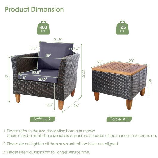 3 Pieces Patio Rattan Bistro Furniture Set with Wooden Table Top-Gray - Color: Gray - Image 4