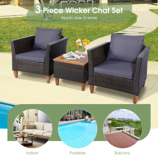 3 Pieces Patio Rattan Bistro Furniture Set with Wooden Table Top-Gray - Color: Gray - Image 5