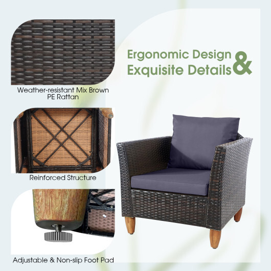 3 Pieces Outdoor Patio Wicker Furniture Set with Cushions and Acacia Wood Coffee Table-Gray - Color: Gray - Image 5