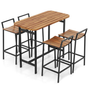 5 Piece Acacia Wood Bar Table Set Bar Height Table and Chairs with Metal Frame and Footrest