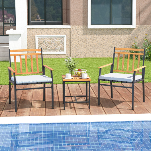 3 Pieces Outdoor Furniture Set Acacia Wood Patio Conversation Set with Cushions-White - Color: White - Image 2