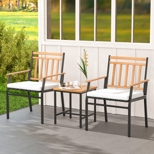 3 Pieces Outdoor Furniture Set Acacia Wood Patio Conversation Set with Cushions-White - Color: White - Image 3