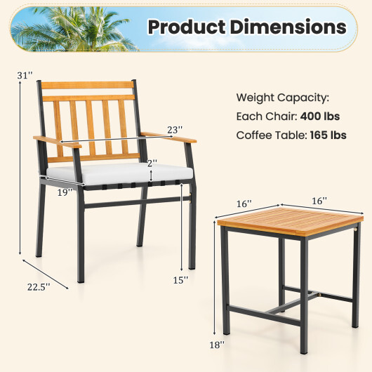 3 Pieces Outdoor Furniture Set Acacia Wood Patio Conversation Set with Cushions-White - Color: White - Image 5